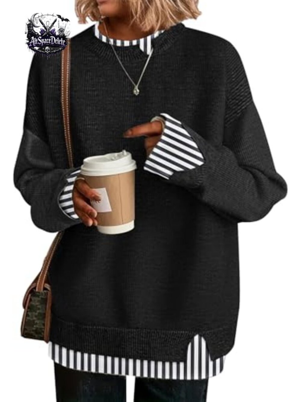 Womens Oversized Cut-Out Sweater Crew Neck Long Sleeve Knit Pullover